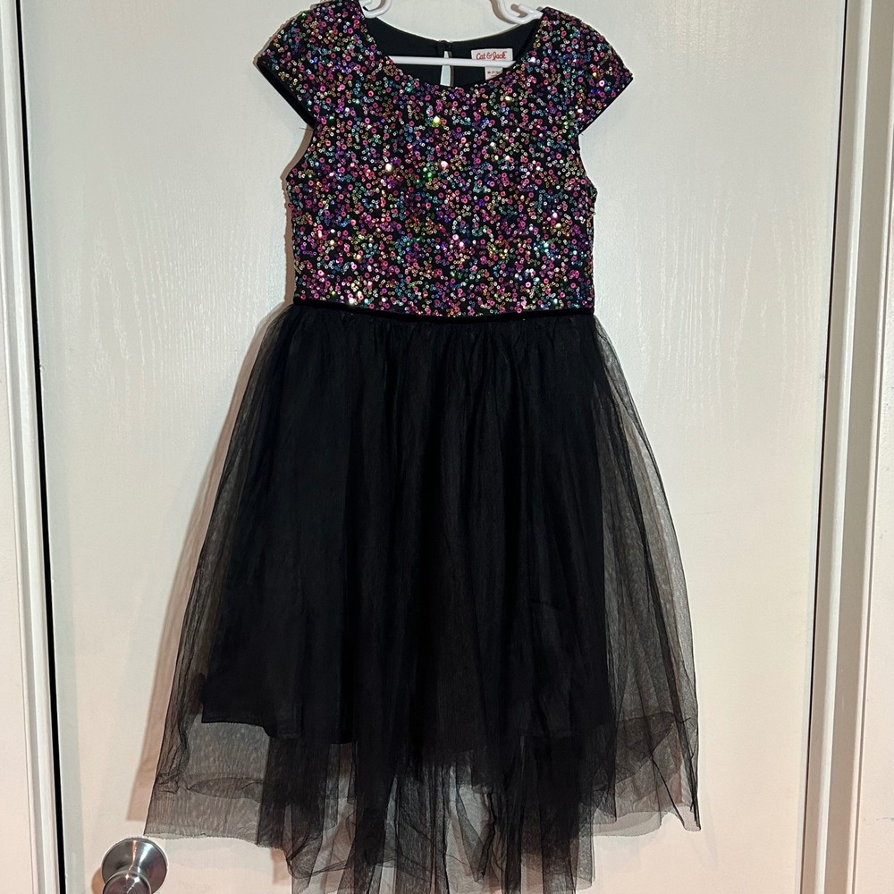 Cat & Jack Girls Black Sequin Tulle Party Dress Size M 7/8 Multi Color Sparkle